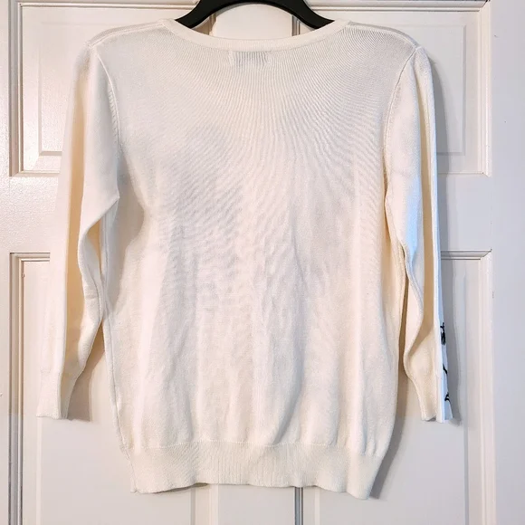 Joseph A. Creamy White Button-Up Sweater w/ Black Floral & Gold Beaded Design - Picture 2 of 7